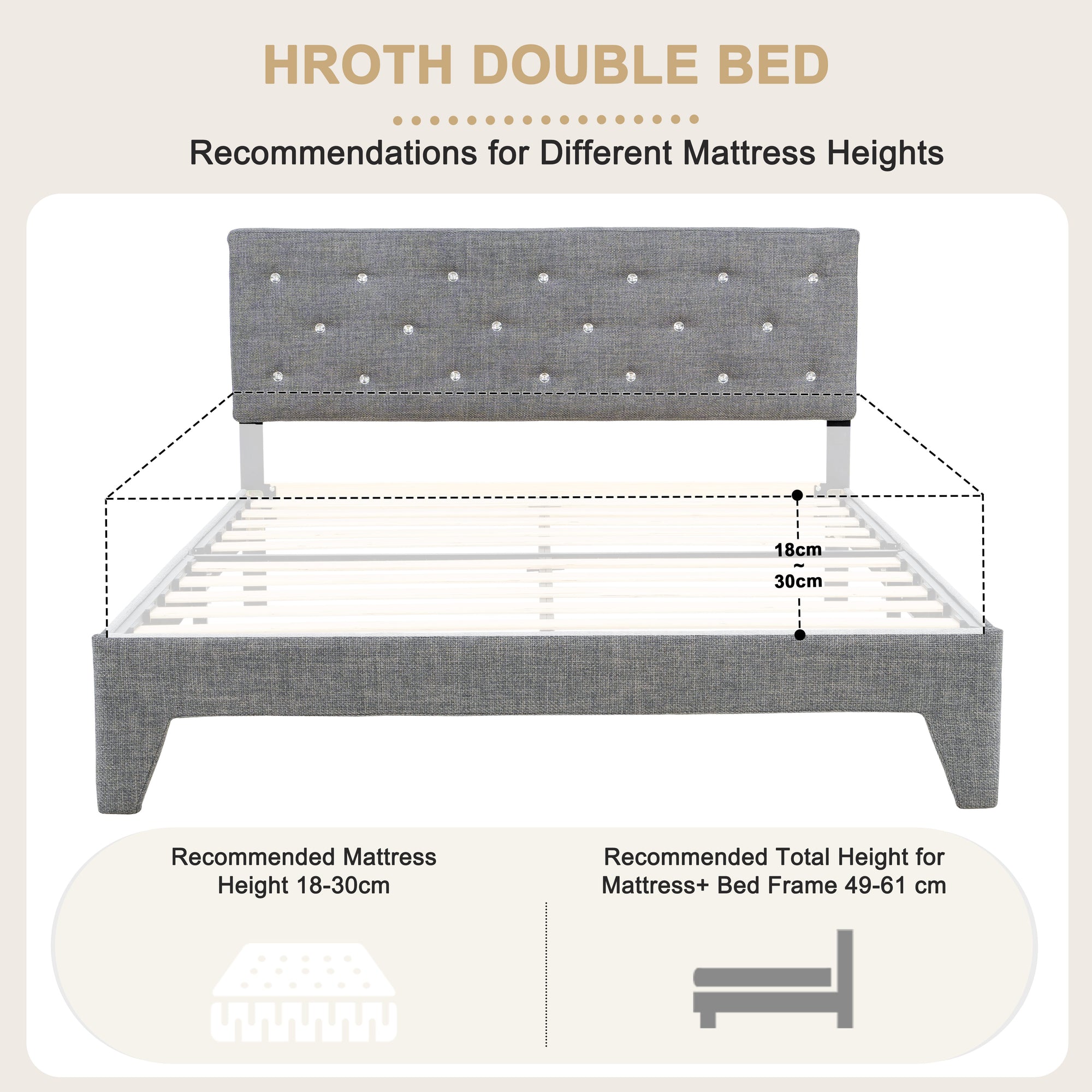 Hroth 4ft6 Headboard Double Bed – Upholstered Bed Frame with Sturdy Wooden Slat Support, Grey Bed Metal Frame, Easy Assembly,Ideal for Compact Space,Light Grey