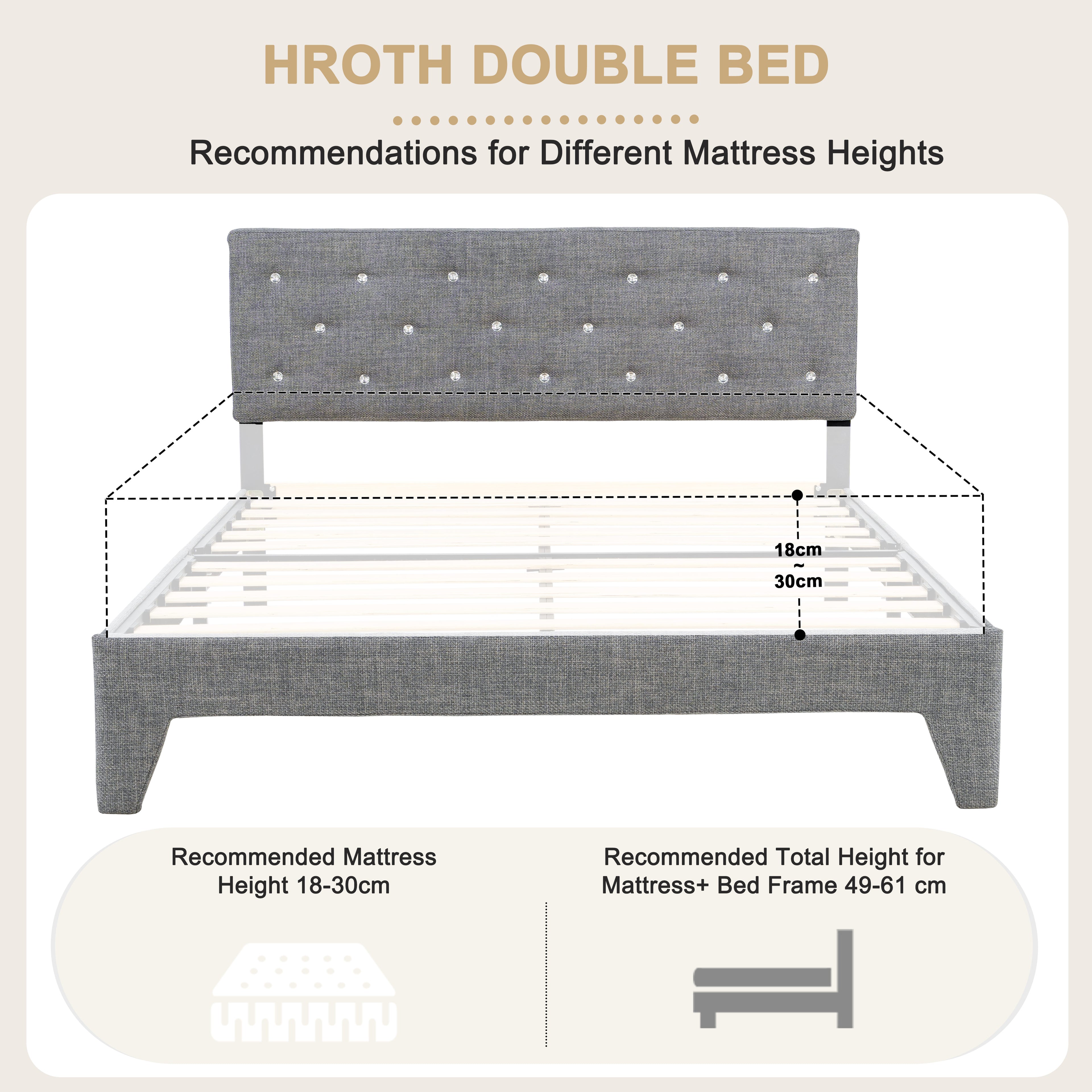 Hroth 4ft6 Headboard Double Bed – Upholstered Bed Frame with Sturdy Wooden Slat Support, Grey Bed Metal Frame, Easy Assembly,Ideal for Compact Space,Light Grey