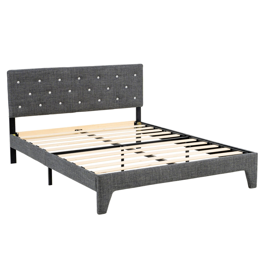 Hroth 4ft6 Double Bed Frame – Upholstered Platform Bed with Sturdy Wooden Slat Support, Linen Fabric, Cushioned Headboard, Metal-Wood Structure, Easy Assembly,Ideal for Compact Space,Dark Grey