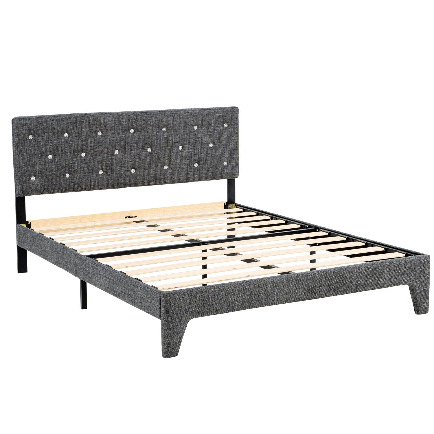 Hroth 4ft6 Double Bed Frame – Upholstered Platform Bed with Sturdy Wooden Slat Support, Linen Fabric, Cushioned Headboard, Metal-Wood Structure, Easy Assembly,Ideal for Compact Space,Dark Grey