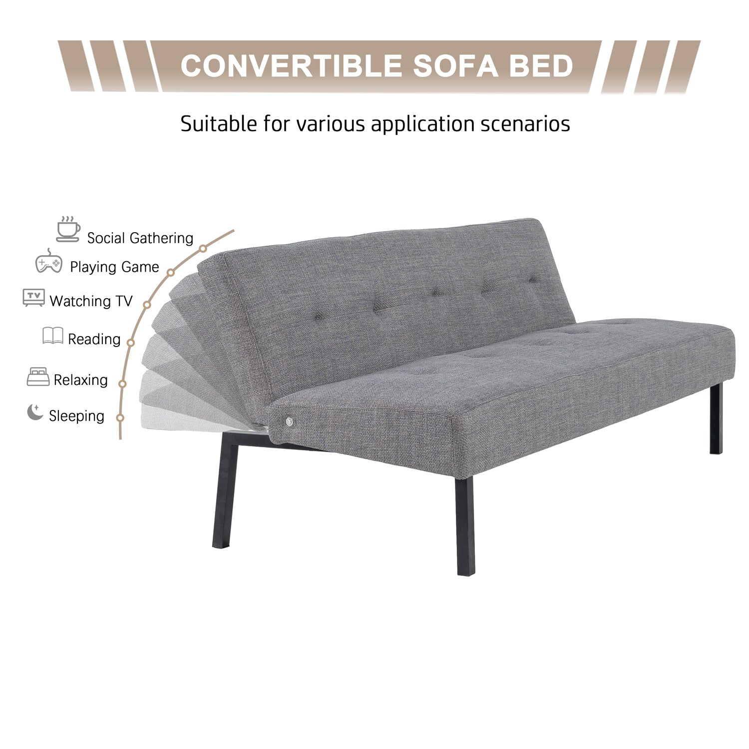 Hroth 3 Seater Futon Sofa Bed,5 Adjustable Backrest Angles, Convertible Bed Settee, Sofa 3 Seater Suitable for Living Rooms, Bedrooms and Apartments,Easy-to-Assemble Foldable Sofa (Light Grey)